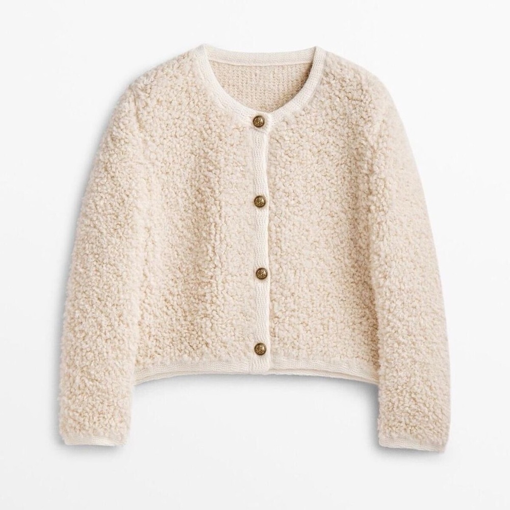 Zara Massimo Dutti Boucle Knit Cardigan with Buttons Cream/Ivory Medium